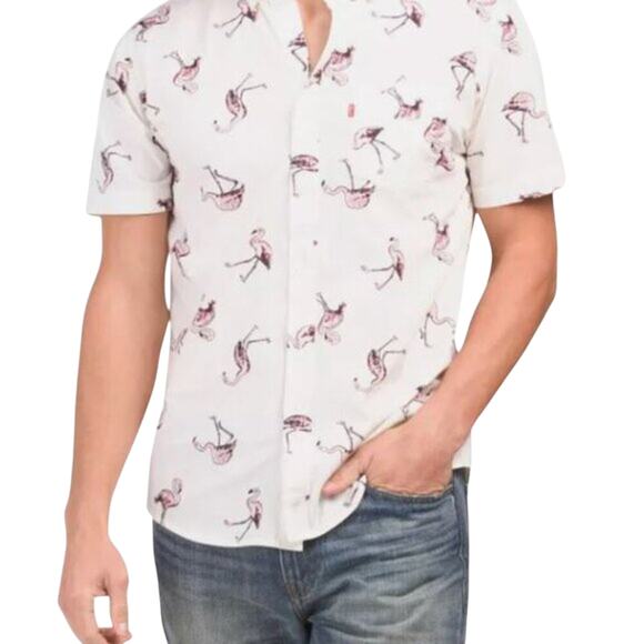 Levi’s Men’s M Riverton Poplin Short Sleeve Shirt Flamingo Print Casual - Picture 1 of 6